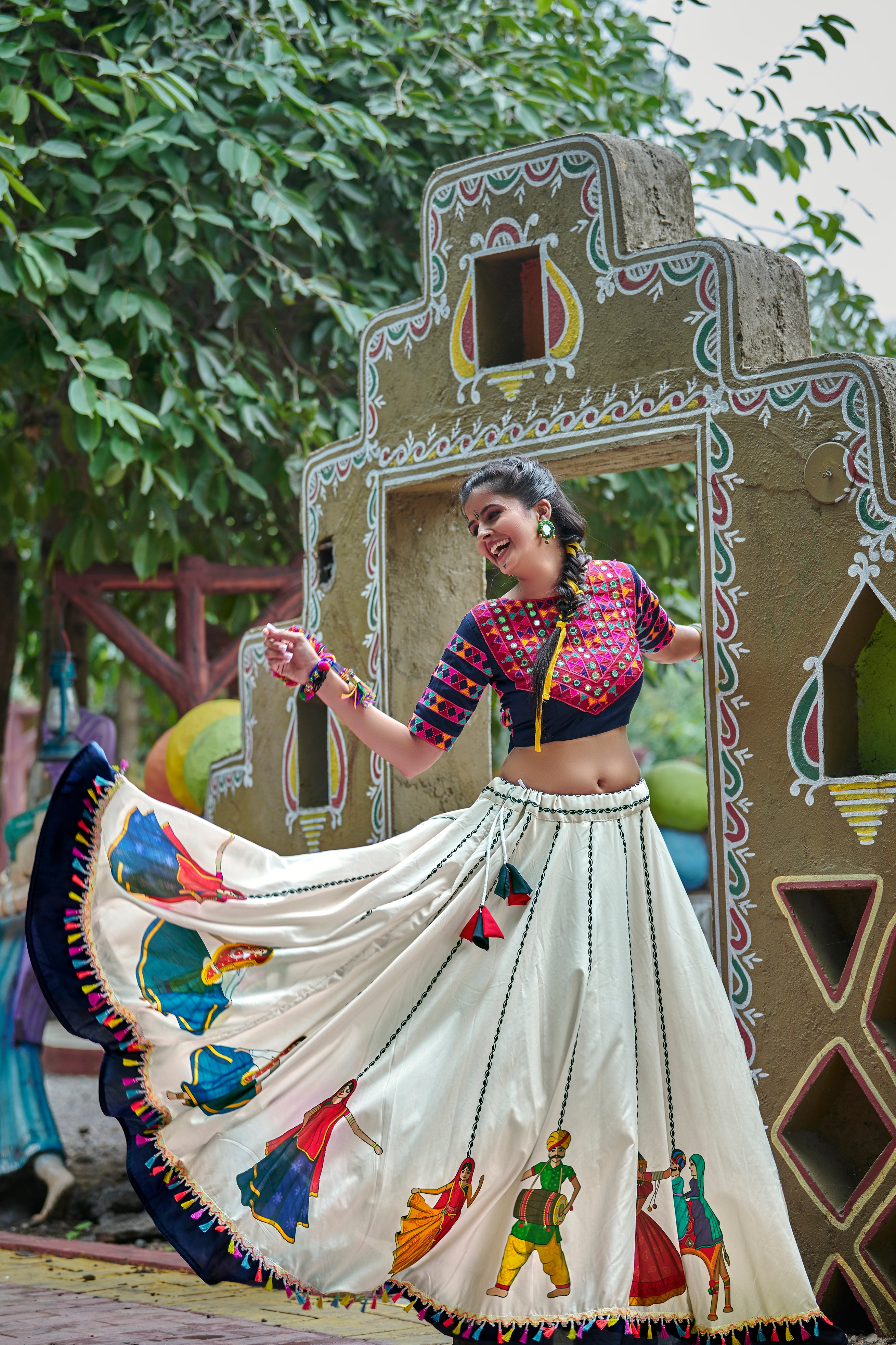 Navy Blue & Off White Soft Cotton Resham Embroidered & Real Mirror Work With Lehenga Choli ClothsVilla