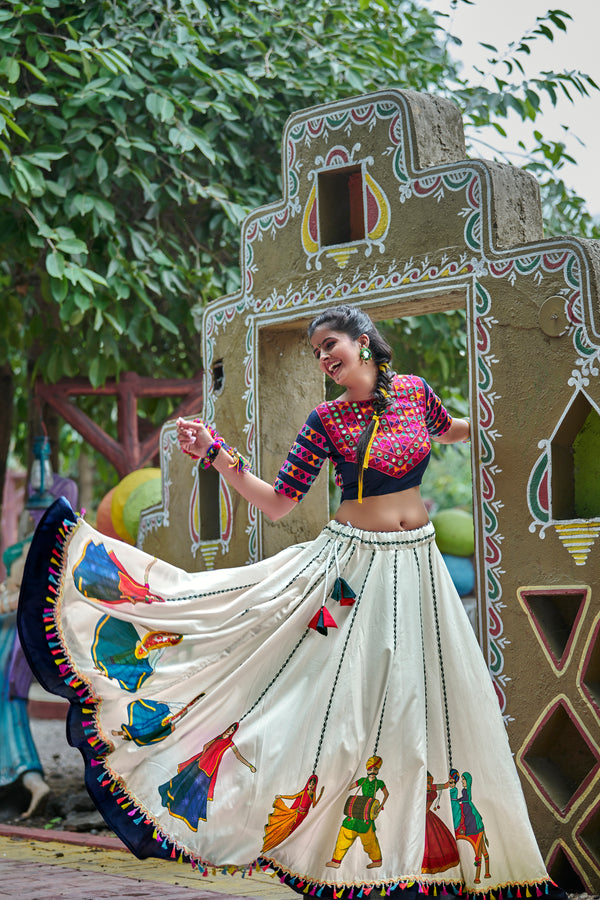 Navy Blue & Off White Soft Cotton Resham Embroidered & Real Mirror Work With Lehenga Choli ClothsVilla