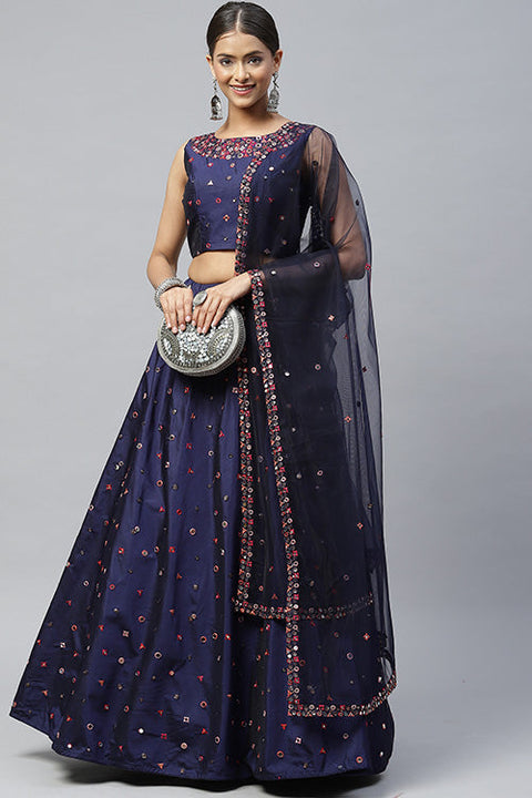 Navy blue Silk Designer Party Wear Mirror Work Lehenga Choli ClothsVilla.com Main image