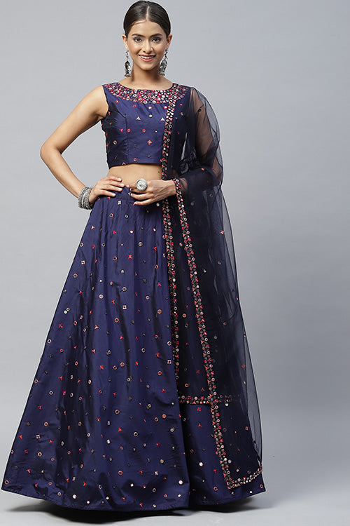 Navy blue Silk Designer Party Wear Mirror Work Lehenga Choli ClothsVilla.com