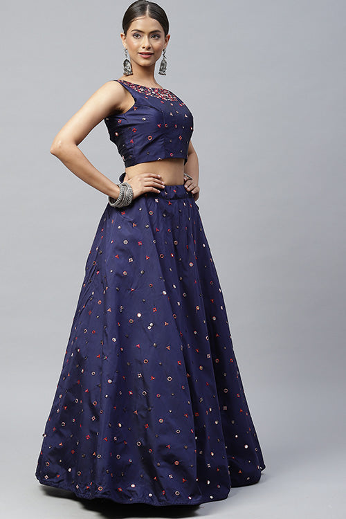 Navy blue Silk Designer Party Wear Mirror Work Lehenga Choli ClothsVilla.com