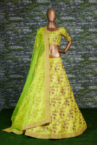Hypnotic Neon Colored Wedding Wear Embroidered Satin Lehenga Choli ClothsVilla