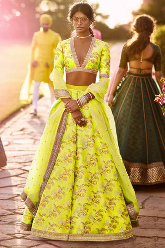 Hypnotic Neon Colored Wedding Wear Embroidered Satin Lehenga Choli ClothsVilla