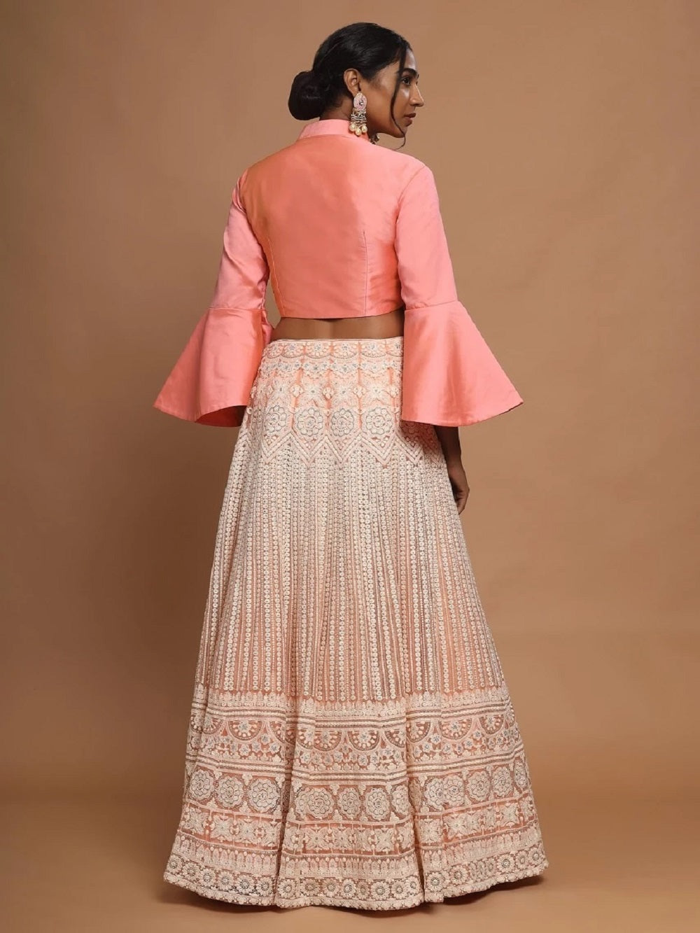 Peach Color Lucknowi Net Fabric Two Piece Lehenga Set Clothsvilla