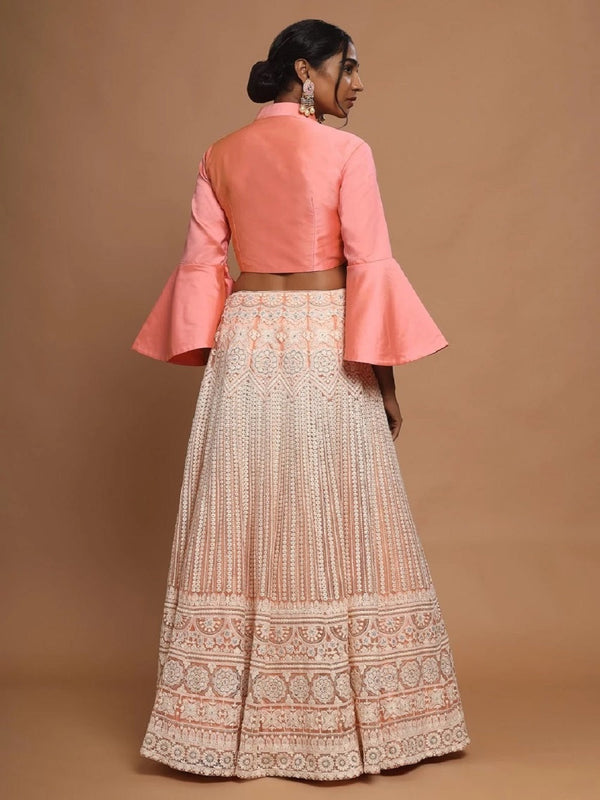 Peach Color Lucknowi Net Fabric Two Piece Lehenga Set Clothsvilla