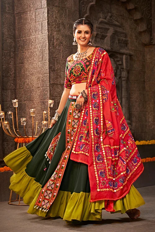 Green Color Embroidered Ethnic Tradtional Navratri Special Chaniya Choli ClothsVilla.com