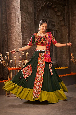 Green Color Embroidered Ethnic Tradtional Navratri Special Chaniya Choli ClothsVilla.com