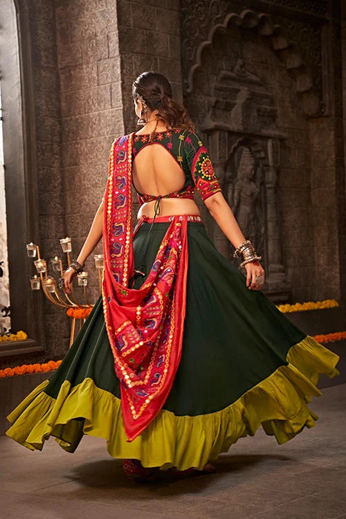Green Color Embroidered Ethnic Tradtional Navratri Special Chaniya Choli ClothsVilla.com