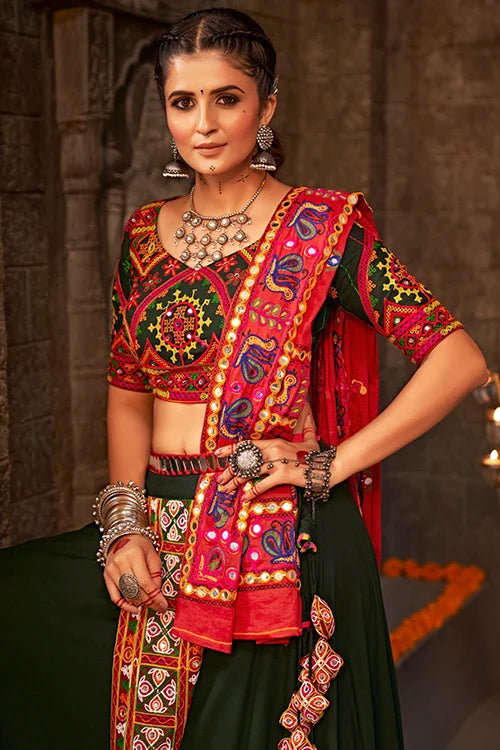 Green Color Embroidered Ethnic Tradtional Navratri Special Chaniya Choli ClothsVilla.com