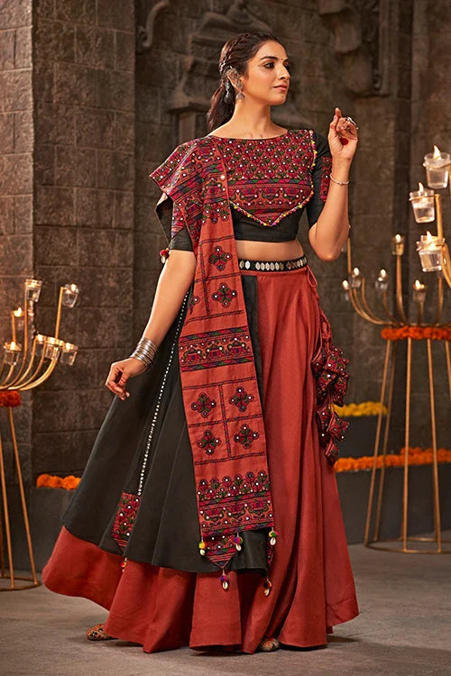 Orange Mirror Work Navratri Chaniya Choli Online Shopping ClothsVilla.com