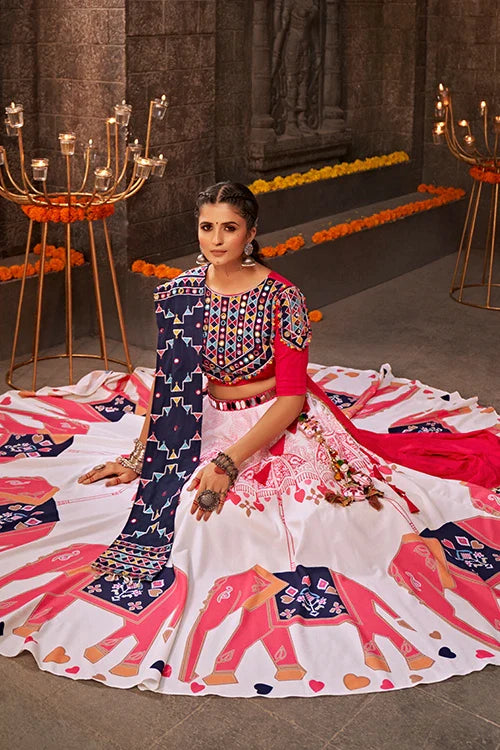 Printed Work White Color Best Chaniya Choli for Navratri Festival ClothsVilla.com