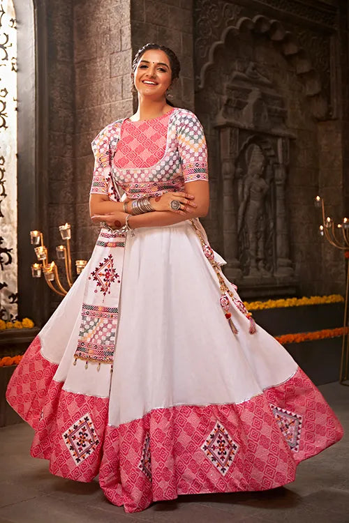White Jacquard Cotton Embroiderd Traditional Chaniya Choli for Navratri ClothsVilla.com