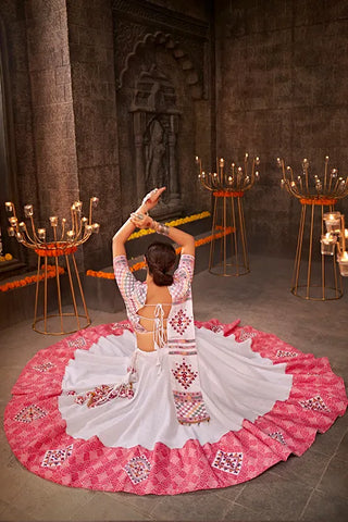 White Jacquard Cotton Embroiderd Traditional Chaniya Choli for Navratri ClothsVilla.com
