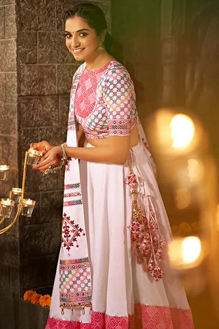 White Jacquard Cotton Embroiderd Traditional Chaniya Choli for Navratri ClothsVilla.com
