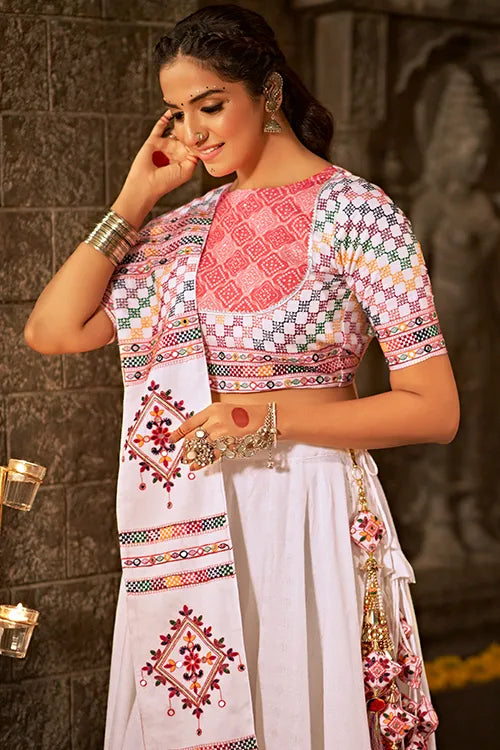 White Jacquard Cotton Embroiderd Traditional Chaniya Choli for Navratri ClothsVilla.com