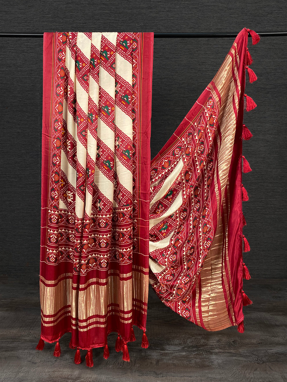 Off White Color Digital Patola Printed Pure Gaji Silk Dupatta With Tassels Clothsvilla