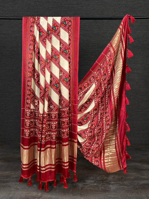 Off White Color Digital Patola Printed Pure Gaji Silk Dupatta With Tassels Clothsvilla Main image