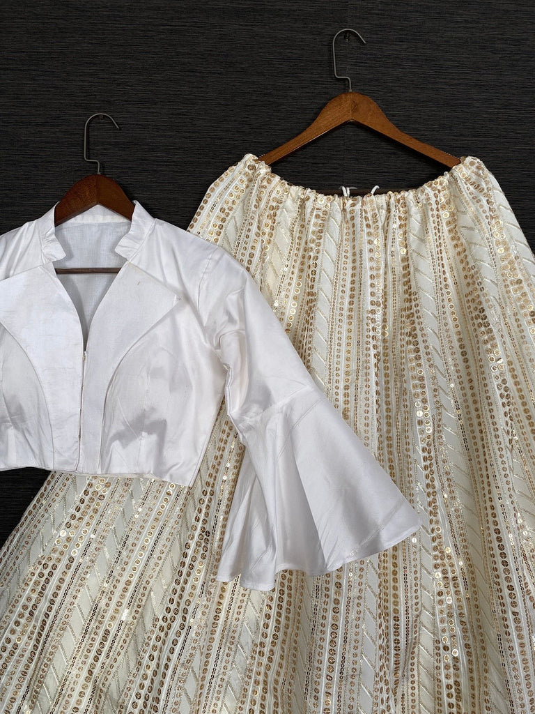 Off-White Color Sequins Work Taffeta Crop-Top Lehenga Clothsvilla