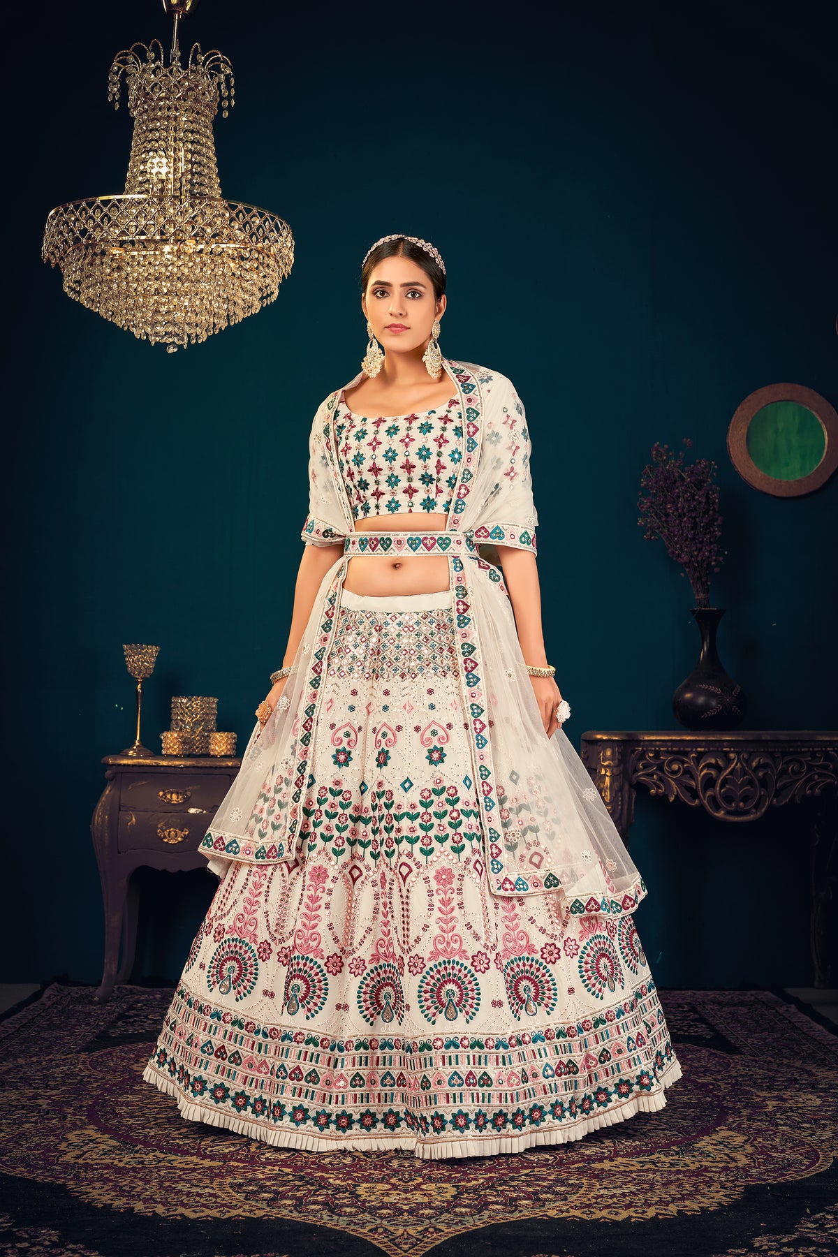 Off-White Lehenga Choli For Women, Ready To Wear Custom Size Lehenga Choli, Designer Bridesmaid Bridal Wedding Ghagra Choli ClothsVilla Main image