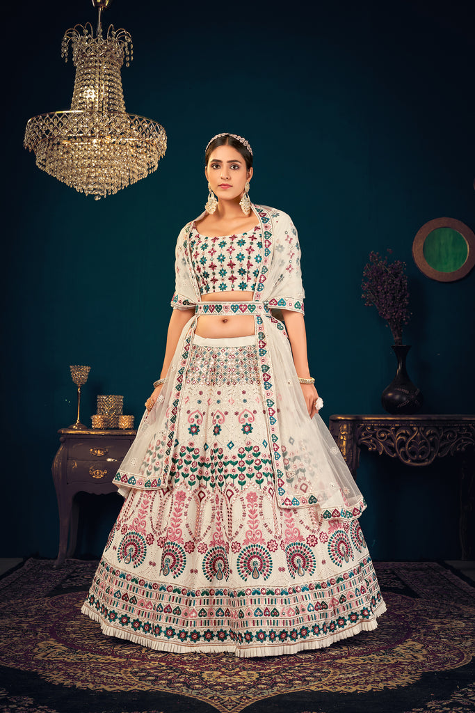 Blended Cotton Embroidered Ghagra Choli in White | Ghagra Choli For Women —  Karmaplace