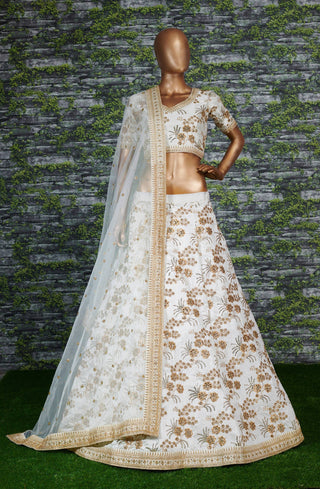 Hypnotic White Colored Wedding Wear Embroidered Satin Lehenga Choli ClothsVilla