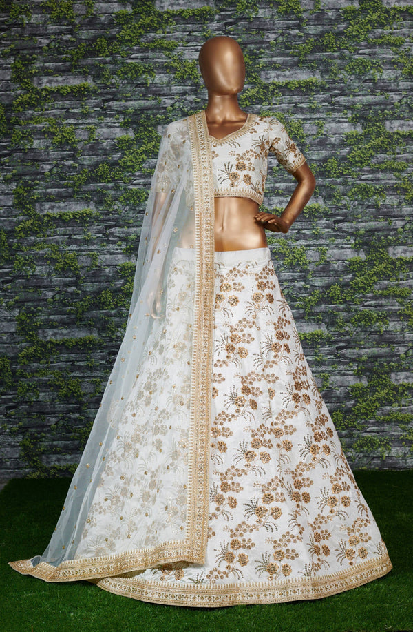 Hypnotic White Colored Wedding Wear Embroidered Satin Lehenga Choli ClothsVilla