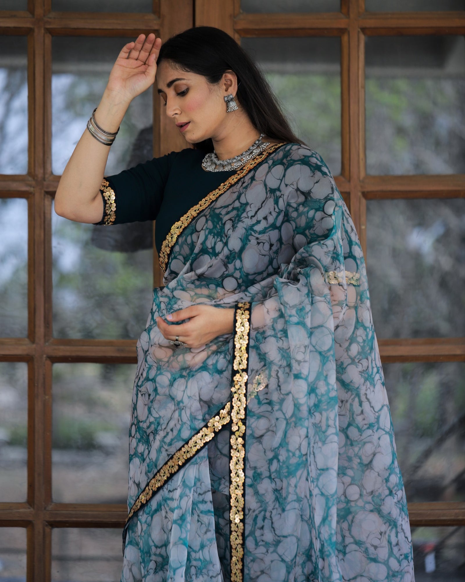 Off-white with Grey Lace Work Flower Print Organza Saree Clothsvilla