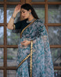 Load image into Gallery viewer, Off-white with Grey Lace Work Flower Print Organza Saree Clothsvilla