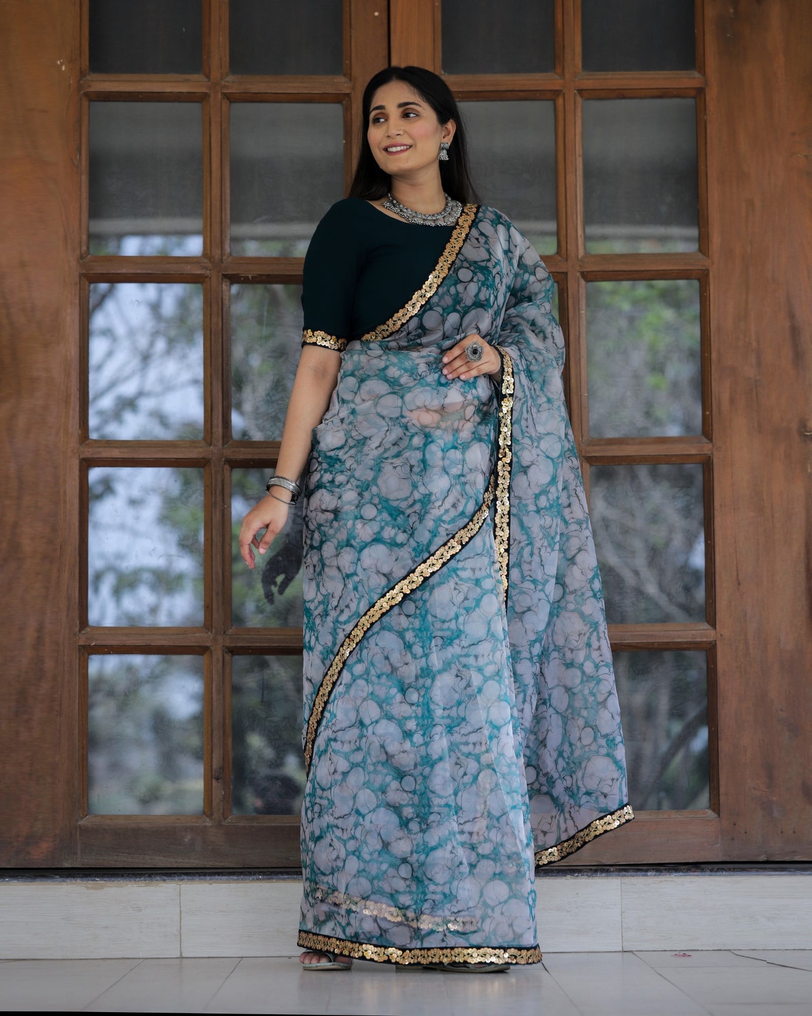 Off-white with Grey Lace Work Flower Print Organza Saree Clothsvilla