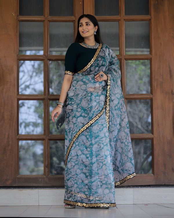 Off-white with Grey Lace Work Flower Print Organza Saree Clothsvilla