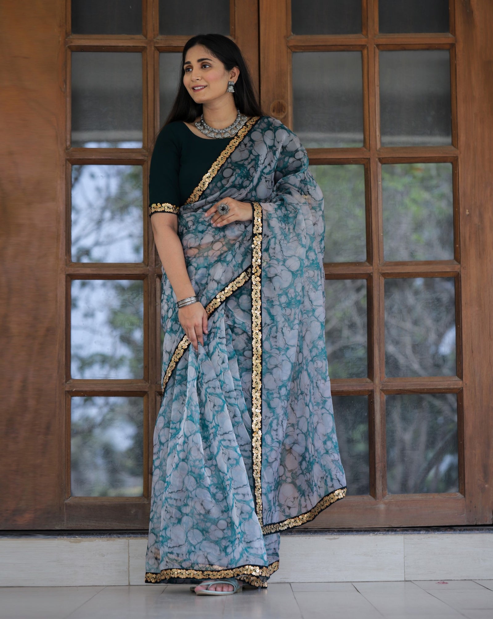Off-white with Grey Lace Work Flower Print Organza Saree Clothsvilla