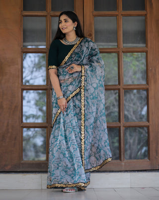 Off-white with Grey Lace Work Flower Print Organza Saree Clothsvilla