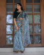 Load image into Gallery viewer, Off-white with Grey Lace Work Flower Print Organza Saree Clothsvilla