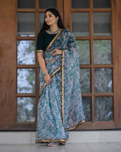 Load image into Gallery viewer, Off-white with Grey Lace Work Flower Print Organza Saree Clothsvilla