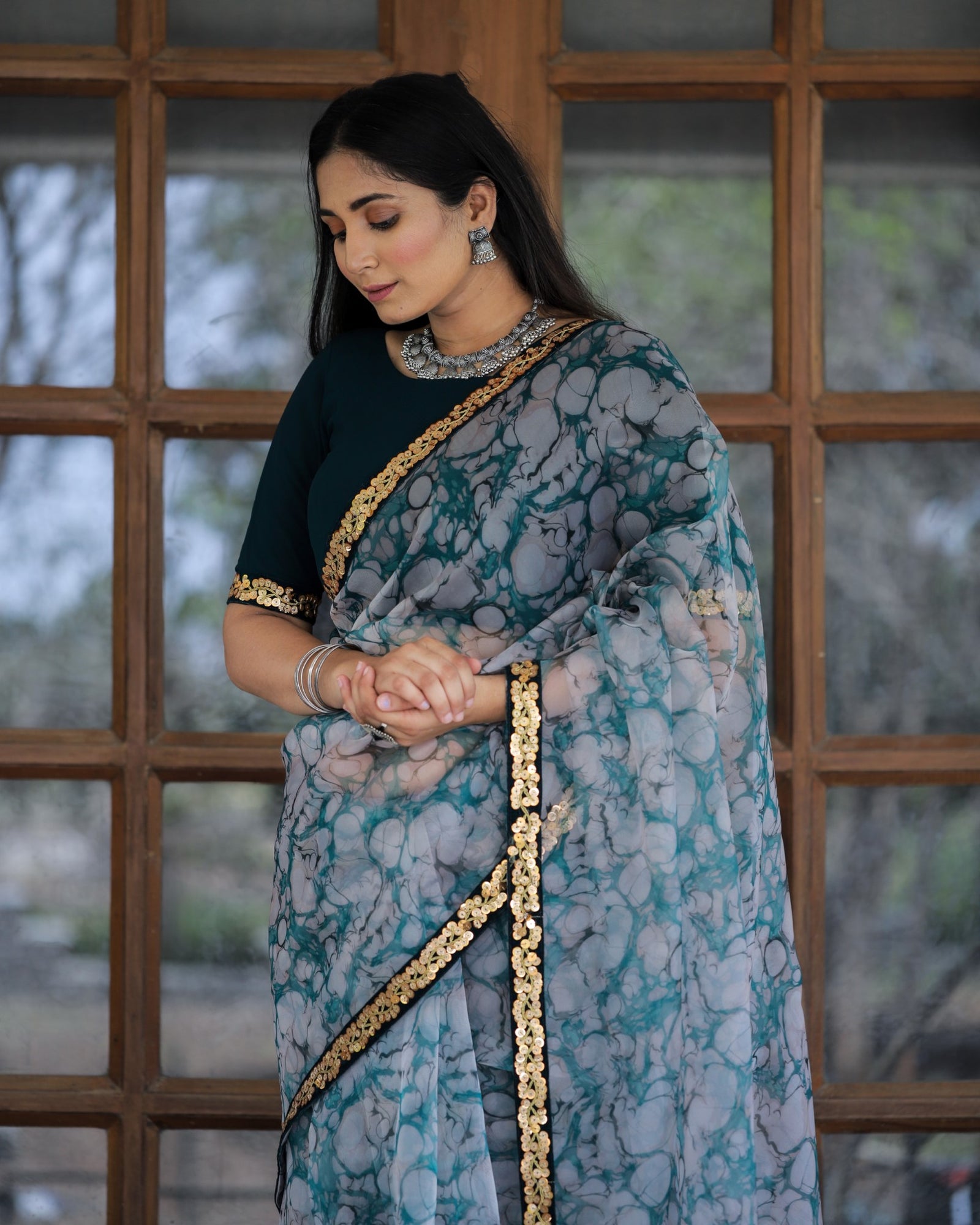 Off-white with Grey Lace Work Flower Print Organza Saree Clothsvilla