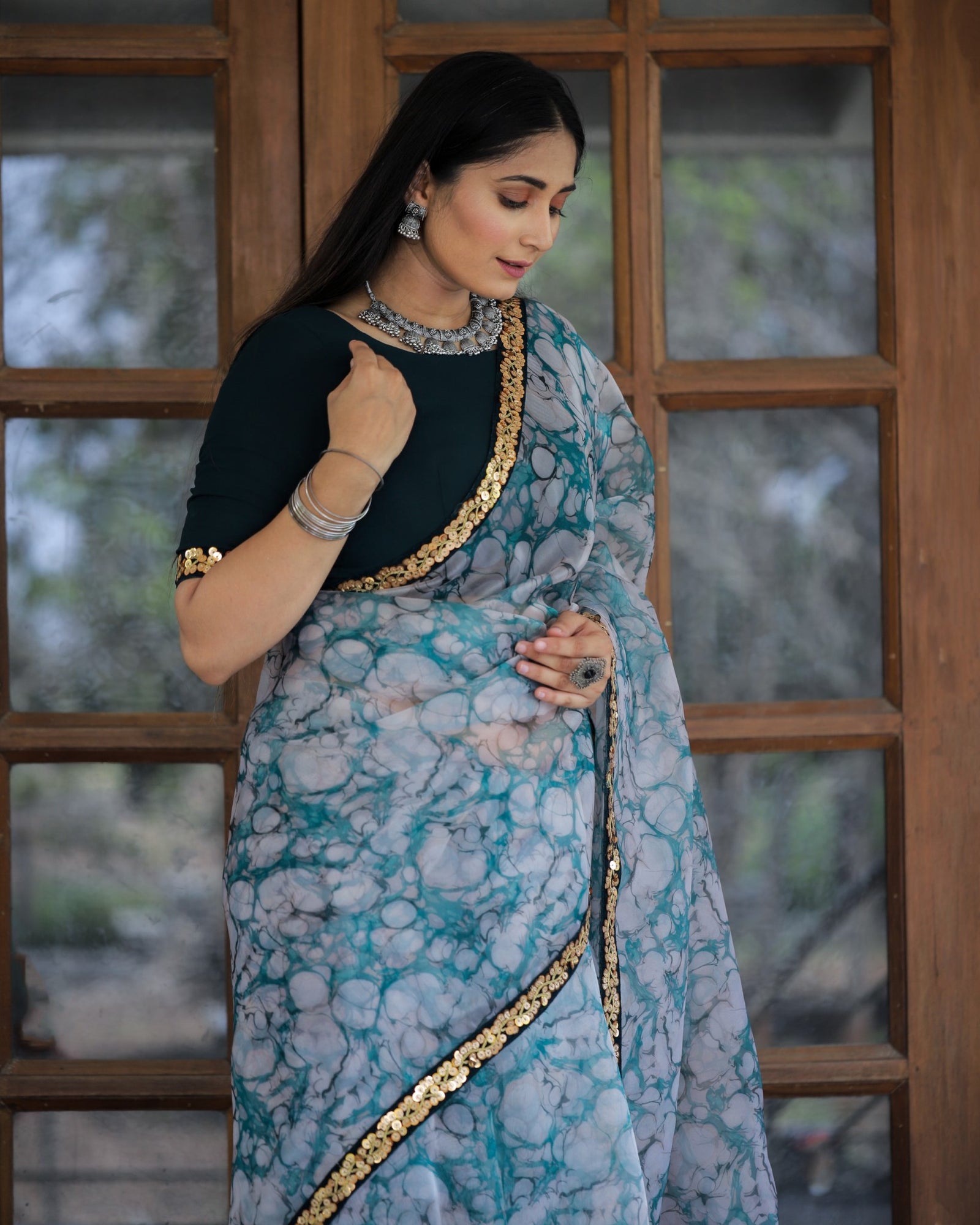 Off-white with Grey Lace Work Flower Print Organza Saree Clothsvilla