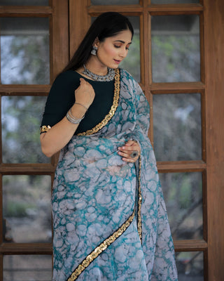 Off-white with Grey Lace Work Flower Print Organza Saree Clothsvilla