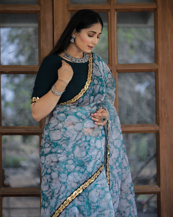 Off-white with Grey Lace Work Flower Print Organza Saree Clothsvilla