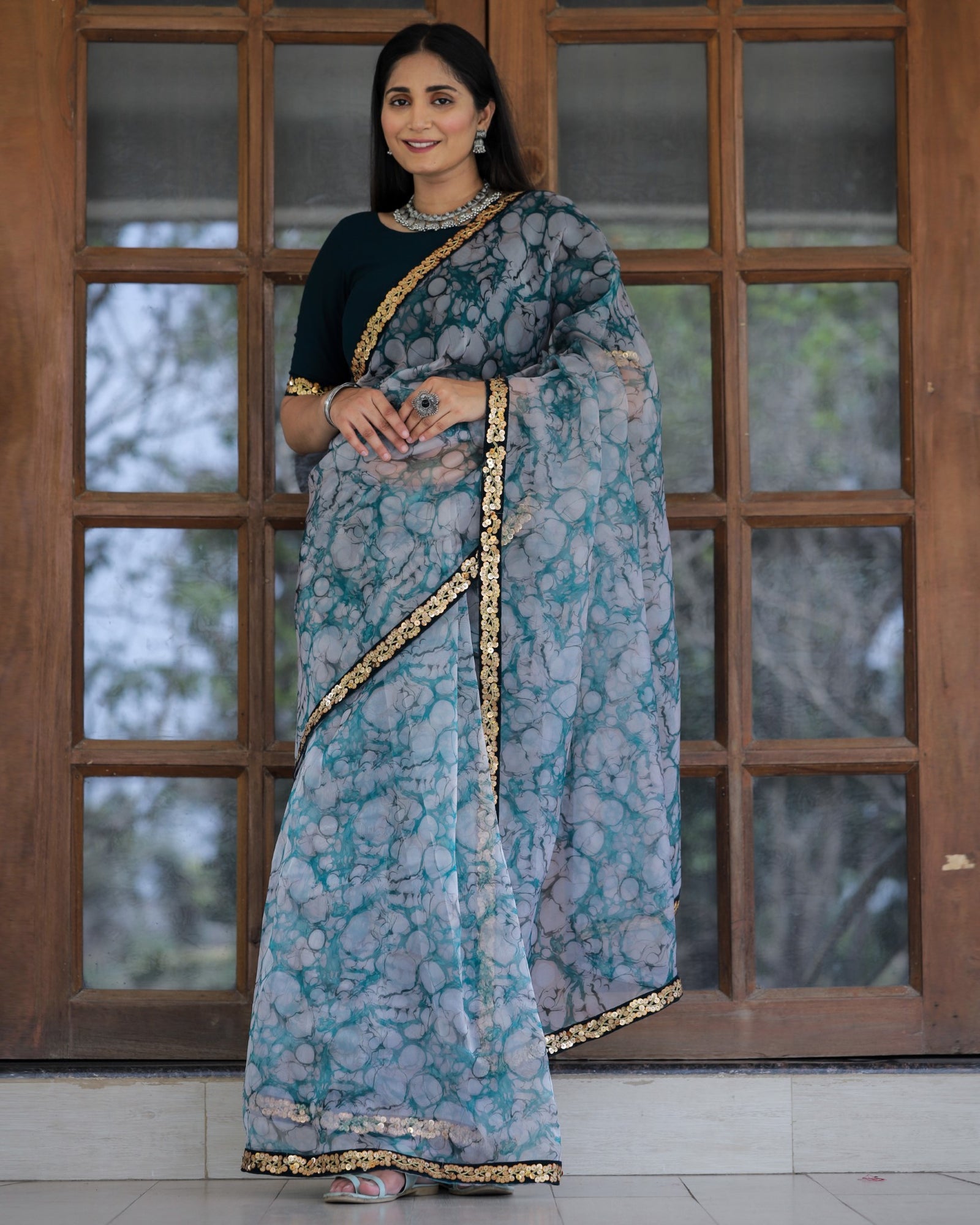 Off-white with Grey Lace Work Flower Print Organza Saree Clothsvilla