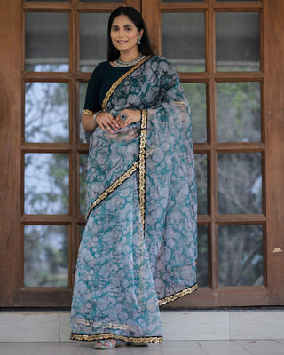 Off-white with Grey Lace Work Flower Print Organza Saree Clothsvilla