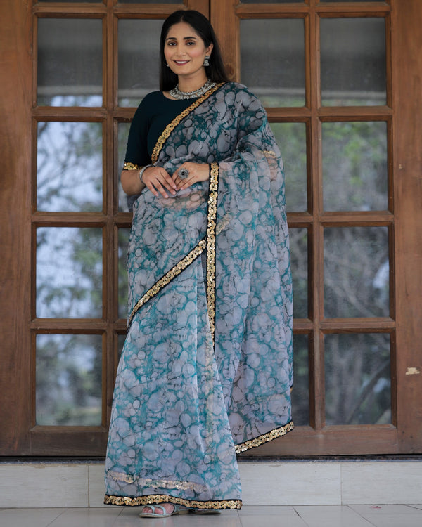 Off-white with Grey Lace Work Flower Print Organza Saree Clothsvilla