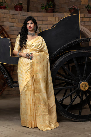 Off White Striped Banarasi Silk Festival Wear Saree With Blouse ClothsVilla