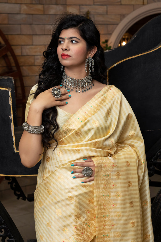 Off White Striped Banarasi Silk Festival Wear Saree With Blouse ClothsVilla