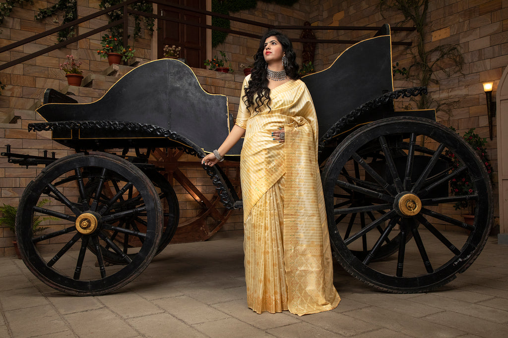 Off White Striped Banarasi Silk Festival Wear Saree With Blouse ClothsVilla