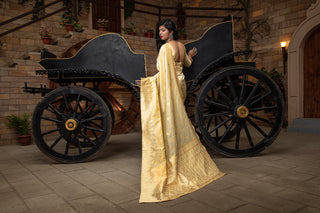 Off White Striped Banarasi Silk Festival Wear Saree With Blouse ClothsVilla