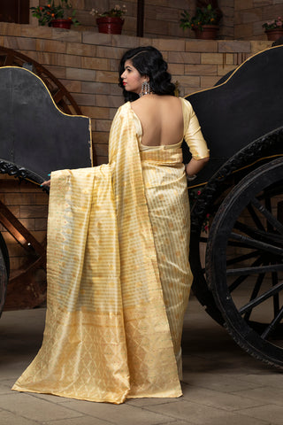Off White Striped Banarasi Silk Festival Wear Saree With Blouse ClothsVilla