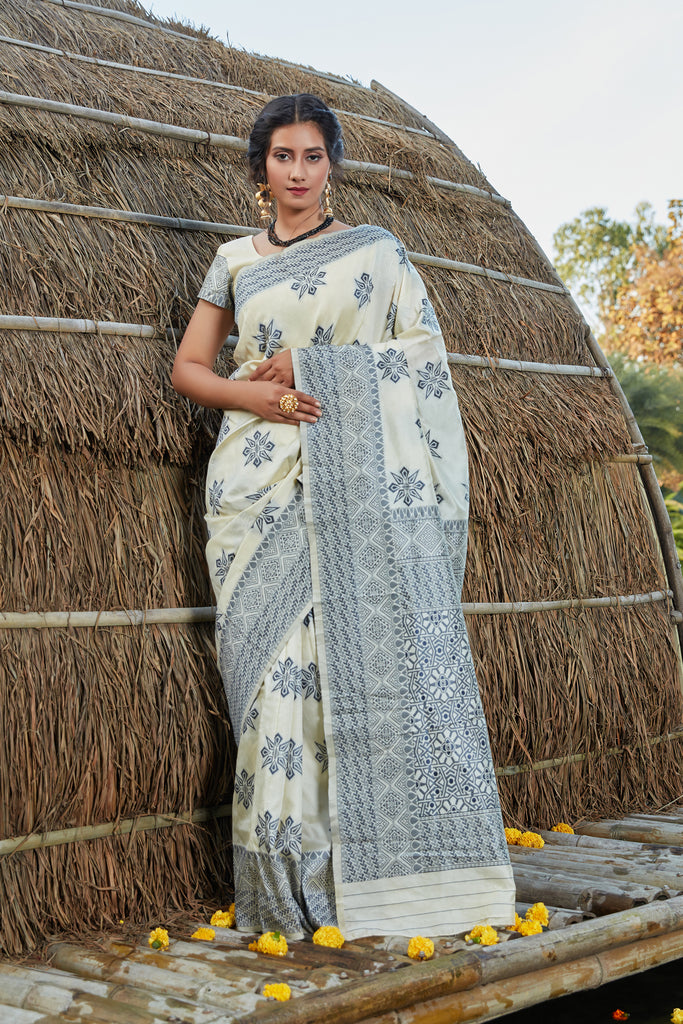 Off White Weaving Banarasi Silk Festival Wear Saree ClothsVilla