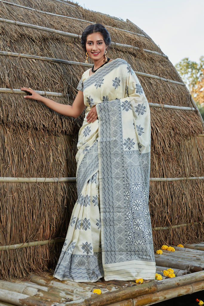 Off White Weaving Banarasi Silk Festival Wear Saree ClothsVilla