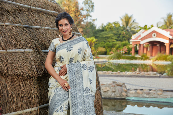 Off White Weaving Banarasi Silk Festival Wear Saree ClothsVilla