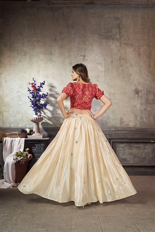 Off White Art Silk Thread With Sequins Embroidered Crop-Top Skirt ClothsVilla.com